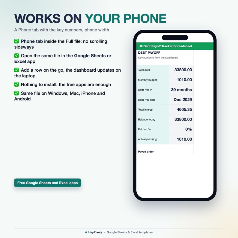 May include: A smartphone displaying a Debt Payoff Tracker spreadsheet with a green header. The screen shows financial data including total debt, monthly budget, and debt-free date. Text lists features like no scrolling and cross-platform compatibility.