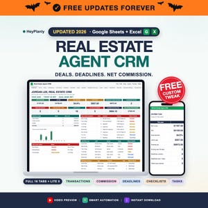 May include: A digital Real Estate Agent CRM dashboard displayed on a laptop and smartphone screen. The interface includes data tables, charts, and metrics for deals, deadlines, and net commission. Text includes "REAL ESTATE AGENT CRM" and "FREE UPDATES FOREVER".