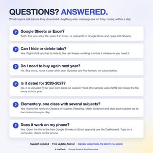 May include: An informational graphic titled QUESTIONS? ANSWERED. featuring six frequently asked questions about a digital spreadsheet template. Each question is marked with a blue question mark icon and includes a concise answer regarding file compatibility, customization, reuse, dating, subject organization, and mobile device accessibility.