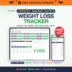 May include: A digital weight loss tracker template for Google Sheets and Excel displayed on a laptop and smartphone screen. The interface features data tables, progress charts, and metrics including weight, BMI, and calorie goals. Text includes "WEIGHT LOSS TRACKER," "UPDATED 2026," and "FREE UPDATES FOREVER."