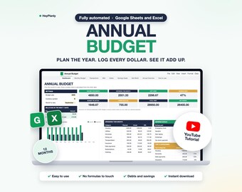 Annual Budget Spreadsheet, Monthly Bill Tracker, Net Worth Tracker (Google Sheets, Excel)