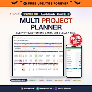 Multi Project Planner Spreadsheet, Gantt Chart, Kanban Board, Task and Milestone Tracker, Workload (Google Sheets, Excel)