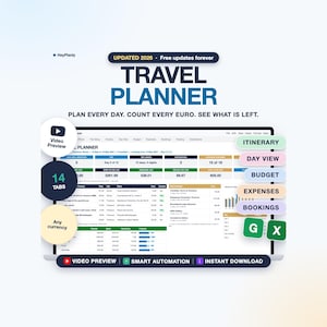 Puede incluir: Una hoja de c&aacute;lculo digital de planificador de viajes en la pantalla de un port&aacute;til. La interfaz incluye pesta&ntilde;as para itinerario, vista diaria, presupuesto, gastos y reservas. El texto incluye "UPDATED 2026", "TRAVEL PLANNER", "PLAN EVERY DAY."