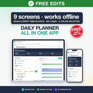 Offline HTML Daily Planner App, Time Blocking, Habits, Goals (Digital Download)