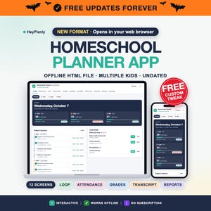 Könnte beinhalten: Eine digitale Homeschool-Planer-App auf einem Laptop- und Smartphone-Bildschirm. Die Benutzeroberfläche hat ein dunkles Design mit weißem Text und zeigt tägliche Lektionspläne, Fortschrittsbalken für Schüler sowie Reiter für Noten und Berichte.