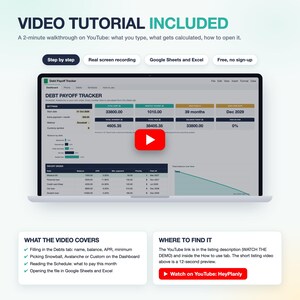 May include: A digital debt payoff tracker spreadsheet displayed on a laptop screen. The interface features a dashboard with financial metrics, debt lists, and a red play button overlay. Text includes VIDEO TUTORIAL INCLUDED and DEBT PAYOFF TRACKER.