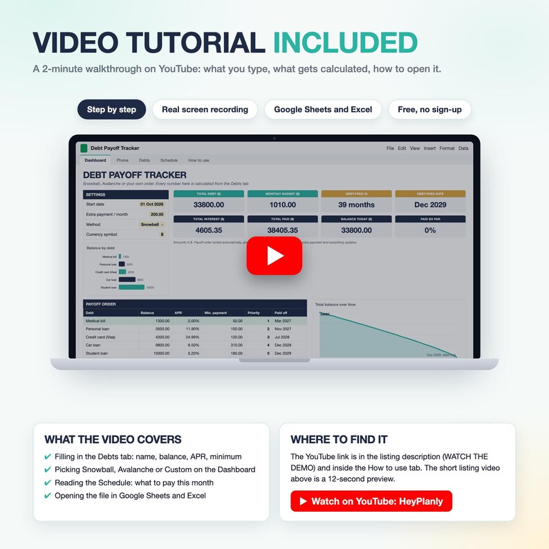 May include: A digital debt payoff tracker spreadsheet displayed on a laptop screen. The interface features a dashboard with financial metrics, debt lists, and a red play button overlay. Text includes VIDEO TUTORIAL INCLUDED and DEBT PAYOFF TRACKER.