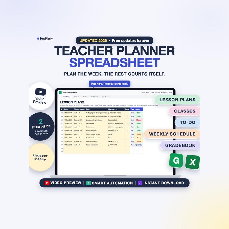 May include: A digital teacher planner spreadsheet displayed on a laptop screen with text reading UPDATED 2026, TEACHER PLANNER SPREADSHEET, PLAN THE WEEK. THE REST COUNTS ITSELF. Includes labels for lesson plans, classes, to-do, weekly schedule, and gradebook.