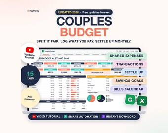 Couples Budget Spreadsheet, Family Budget Planner, Shared Expenses Split, Settle Up (Google Sheets, Excel)