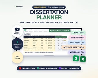 Dissertation and Thesis Planner Spreadsheet, Chapter Progress, Milestones, Reading Log (Google Sheets, Excel)