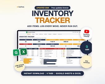 Inventory Tracker Spreadsheet, Stock Management, Low Stock Alerts, Reorder List (Google Sheets, Excel)