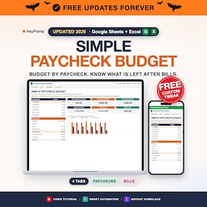 Simple Paycheck Budget Spreadsheet, Budget by Paycheck, Bill Tracker, Biweekly and Monthly (Google Sheets, Excel)