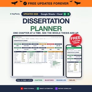 May include: A digital dissertation planner for Google Sheets and Excel featuring a dashboard with progress tracking, chapter status, and word count metrics displayed on a laptop screen and a smartphone screen with the text Dissertation Planner.