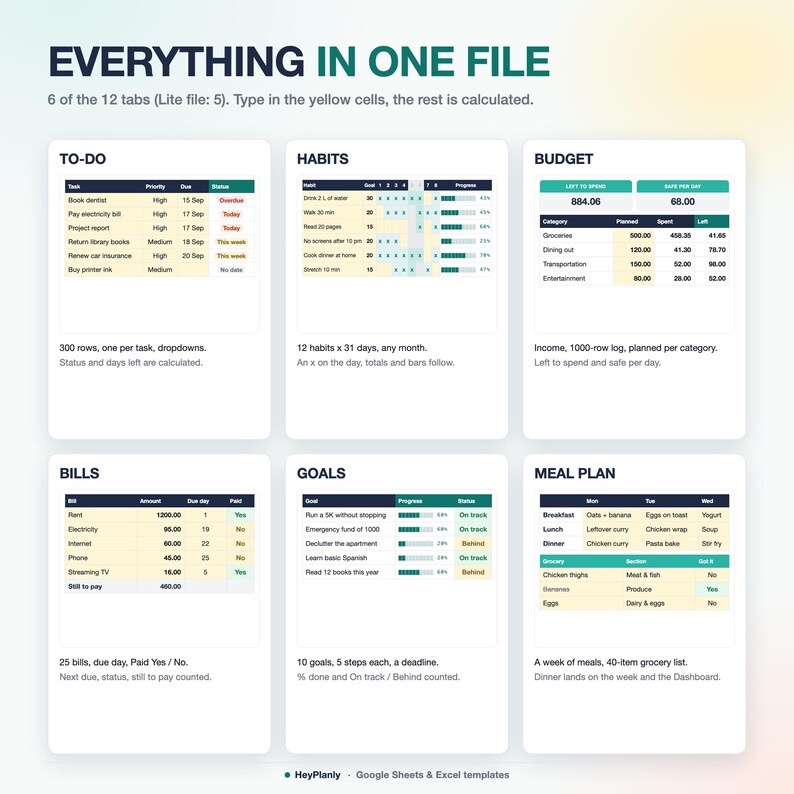 Life Planner Spreadsheet, Budget, Habit Tracker, To Do List, Goals, Weekly Planner (Google Sheets, Excel) imagen 8
