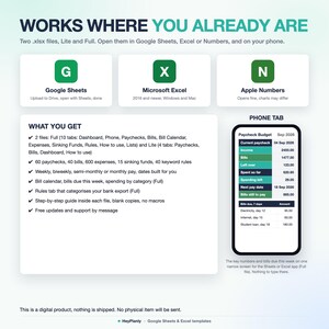 Puede incluir: Una plantilla de presupuesto digital compatible con Google Sheets, Microsoft Excel y Apple Numbers. El gr&aacute;fico muestra funciones que incluyen un panel, calendario de facturas y seguimiento de gastos, junto con una vista de interfaz m&oacute;vil.