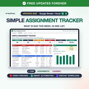 Simple Assignment Tracker Spreadsheet, Student Homework Planner, Due Dates and Grades (Google Sheets, Excel)