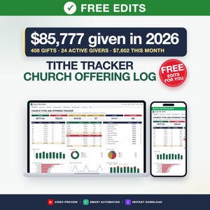 Church Tithe and Offering Tracker, Giving Statements, Member Contributions, Weekly Offering Count Sheet (Google Sheets, Excel)