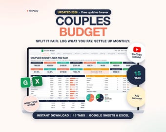 Couples Budget Spreadsheet, Family Budget Planner, Shared Expenses Split, Settle Up (Google Sheets, Excel)