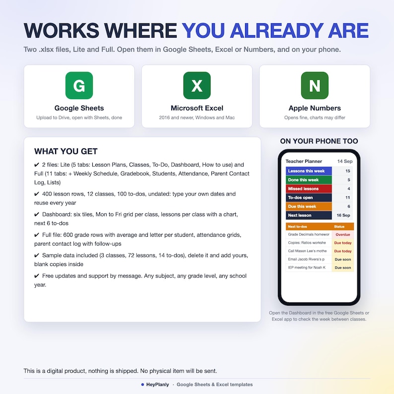 May include: A digital teacher planner template compatible with Google Sheets, Microsoft Excel, and Apple Numbers. Includes two .xlsx files, Lite and Full versions, with lesson plans, gradebooks, and attendance logs, displayed on a smartphone screen.