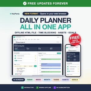 Offline HTML Daily Planner App, Time Blocking, Habits, Goals (Digital Download)