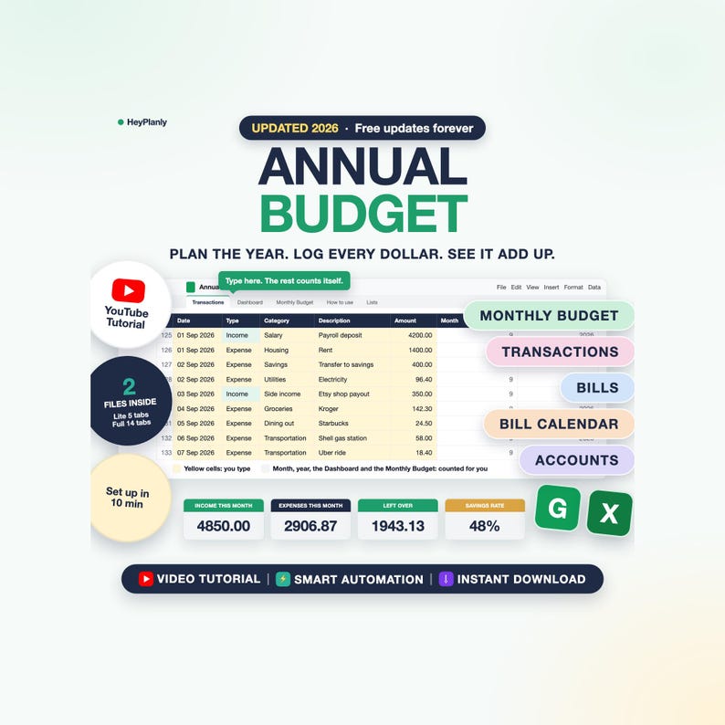 Op de afbeelding: Een jaarlijks budget spreadsheet sjabloon met een transactielogboek, maandelijks budgetoverzicht en financieel dashboard. De interface toont inkomsten, uitgaven en berekende spaarpercentages, inclusief labels voor video-tutorials en bestanden.
