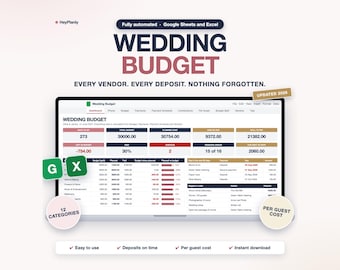 Hochzeitsbudget-Tabelle, Hochzeitskostenplaner, Zahlungsplan, Dienstleister (Google Sheets, Excel)