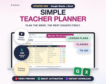 Simple Teacher Planner Spreadsheet, Weekly Lesson Planner, Class List, To Do (Google Sheets, Excel)