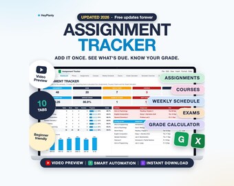 Assignment Tracker Spreadsheet, Student Planner, Grade Calculator, Due Dates (Google Sheets, Excel)