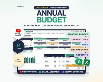 Annual Budget Spreadsheet, Monthly Bill Tracker, Net Worth Tracker (Google Sheets, Excel)