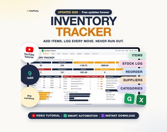 Inventory Tracker Spreadsheet, Stock Management, Low Stock Alerts, Reorder List (Google Sheets, Excel)
