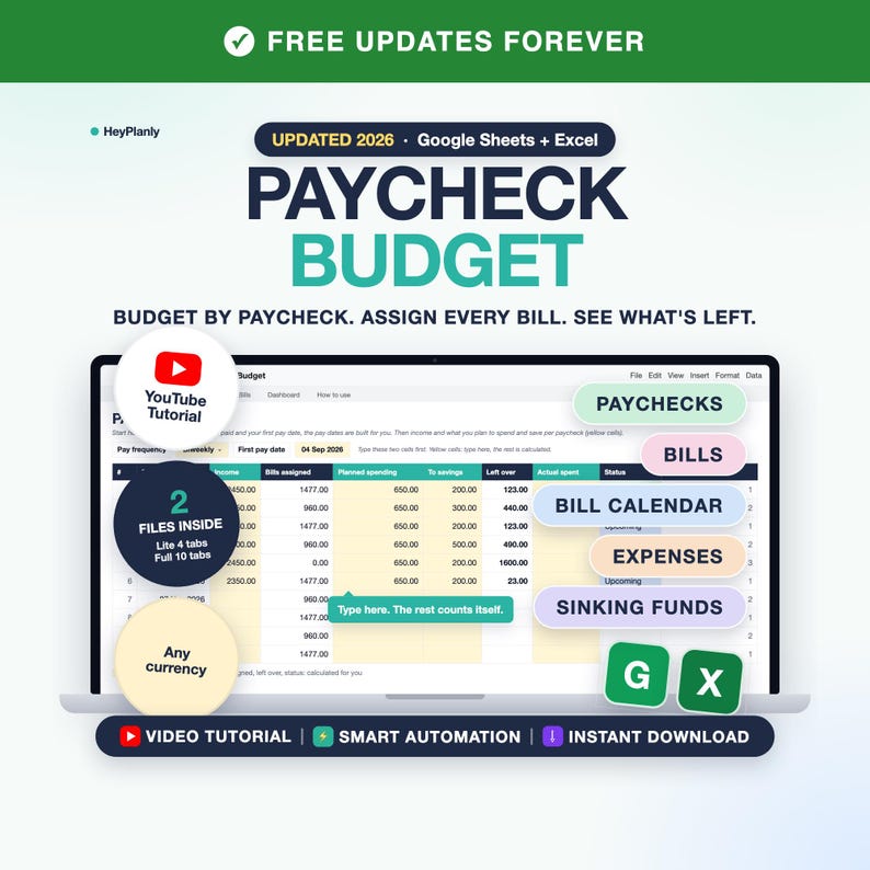 Paycheck Budget Spreadsheet, Biweekly Budget Planner, Bill Calendar (Google Sheets, Excel) imagen 1