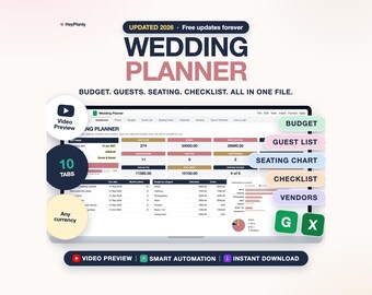 Wedding Planner Spreadsheet, Wedding Budget, Guest List, Seating Chart (Google Sheets, Excel)