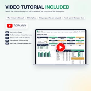 Op de afbeelding: Een laptopscherm met een jaarlijks budget-dashboard met groene en gouden datablokken, grafieken en tabellen. De tekst bevat VIDEO TUTORIAL INCLUDED, YouTube tutorial en een lijst met tijdstempels voor stappen zoals How it works in 3 steps.