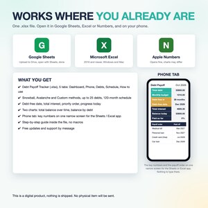 May include: A digital debt payoff tracker spreadsheet compatible with Google Sheets, Microsoft Excel, and Apple Numbers. The graphic displays features including a dashboard, debt methods, charts, and a mobile-friendly phone tab view.