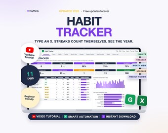 Habit Tracker Spreadsheet, Daily Habit Planner, Streaks, Monthly Overview (Google Sheets, Excel)