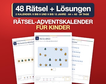 Rätsel Adventskalender für Kinder zum Ausdrucken, 24 Rätsel mit Lösungen, 6-8 und 9-12 Jahre, Weihnachtsrätsel, Logikrätsel, PDF A4 A5
