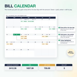 Op de afbeelding: Een digitale factuurkalender voor september 2026, met een maandoverzicht en kleurgecodeerde items. Groene vakjes geven betaalde rekeningen aan, terwijl oranje vakjes openstaande betalingen vertegenwoordigen, inclusief een overzicht van de totalen.