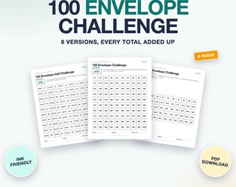 100 Envelope Challenge Printable, Savings Challenge Tracker, 6 Versions, A6 Cards (PDF, Letter, A4)