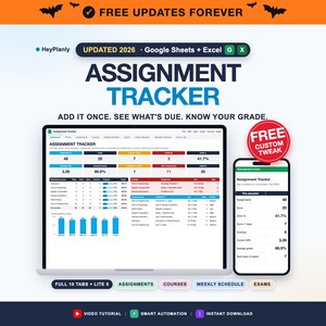 Assignment Tracker Spreadsheet, Student Planner, Grade Calculator, Due Dates (Google Sheets, Excel)