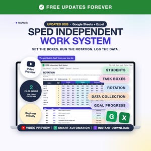 May include: A digital SPED Independent Work System spreadsheet for Google Sheets and Excel. The interface displays a rotation schedule, student names, task boxes, and data collection tabs. Text includes "UPDATED 2026" and "SET THE BOXES. RUN THE ROTATION. LOG THE DATA."