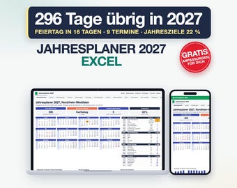Jahresplaner 2027 Excel Google Tabellen Deutsch, Planer 2027 mit Kalenderwochen, Feiertage, Monatsplaner, Wochenplaner, Ziele, Termine