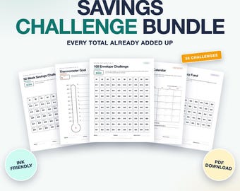 Savings Challenge Printable Bundle, 55 Money Saving Challenges, 100 Envelope, 52 Week (PDF, Letter, A4, A5, A6)