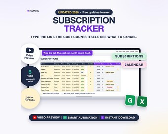Subscription Tracker Spreadsheet, Recurring Bills, Monthly and Yearly Cost, Cancel List (Google Sheets, Excel)