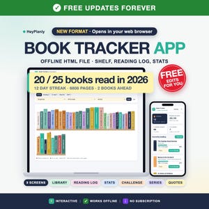 Book Tracker App, Reading Tracker, Goodreads Import, Reading Log, TBR, Series, Stats, Works Offline (HTML File)