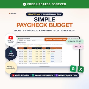 Simple Paycheck Budget Spreadsheet, Budget by Paycheck, Bill Tracker, Biweekly and Monthly (Google Sheets, Excel) image 1