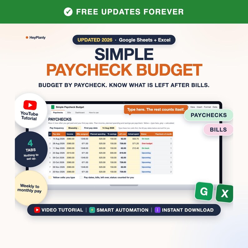 Simple Paycheck Budget Spreadsheet, Budget by Paycheck, Bill Tracker, Biweekly and Monthly (Google Sheets, Excel) image 1