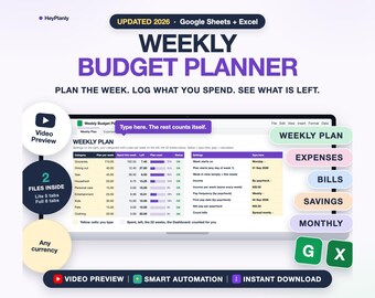 Weekly Budget Planner Spreadsheet, Weekly Budget Template, Expense Tracker, Paycheck Budget 2026 2027 (Google Sheets, Excel)