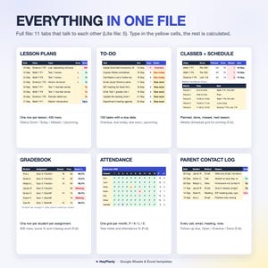 May include: A digital spreadsheet template titled EVERYTHING IN ONE FILE, featuring six distinct sections: Lesson Plans, To-Do, Classes + Schedule, Gradebook, Attendance, and Parent Contact Log. Each section displays data tables with yellow cells.