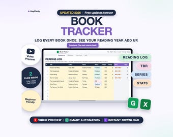 Book Tracker Spreadsheet, Reading Journal, Reading Tracker, Reading Log, TBR List (Google Sheets, Excel)