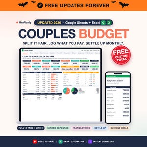 Puede incluir: Una plantilla digital de presupuesto para parejas en Google Sheets y Excel, que muestra en una laptop y un smartphone datos financieros, ingresos, gastos y metas de ahorro con etiquetas de texto como Couples Budget, Alex and Sam.